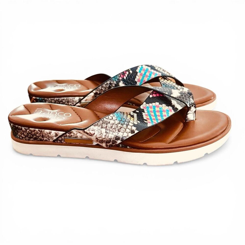 Franco Sarto Deja Sandals Flip Flops Multicolor Snakeskin Crossover Straps Sz 7